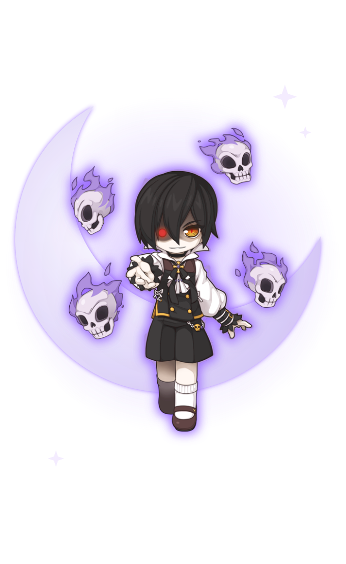 Personaje de Luna RO sobre una luna creciente, rodeado de calaveras de fuego violeta